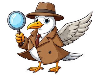  Detective Seagull in Trench Coat Holding a Magnifying Glass, cartoon mascot isolated”