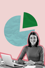 3d pop image vertical artwork collage of happy manager girl sit workplace type laptop diagram icon...