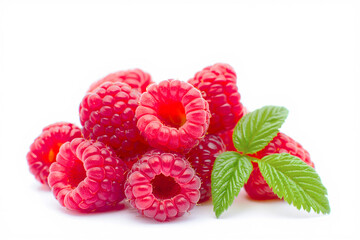 Raspberry with leaves isolated on white background