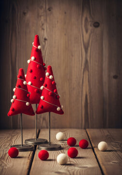 Handmade Red Felt Christmas Trees &ndash; Rustic Holiday Decoration with Wooden Background

