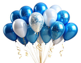  Cluster of Blue and White Glitter Balloons with Twisting Ribbons Isolated on Transparent Background PNG