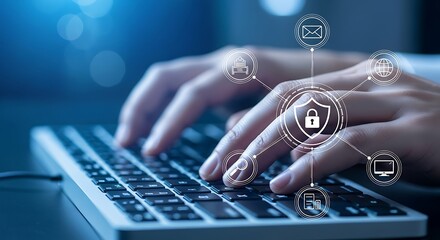 Hands typing on a keyboard with digital security icons connected