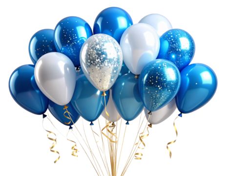  Cluster of Blue and White Glitter Balloons with Twisting Ribbons Isolated on Transparent Background PNG