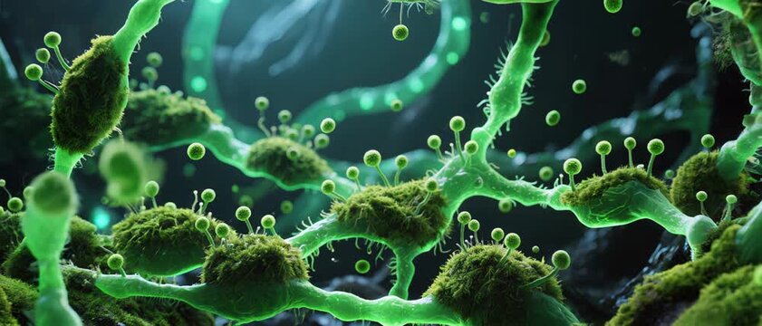 Microscopic view of active biological growth with interconnected green filaments and spore-like structures, a conceptual illustration of microbial life
