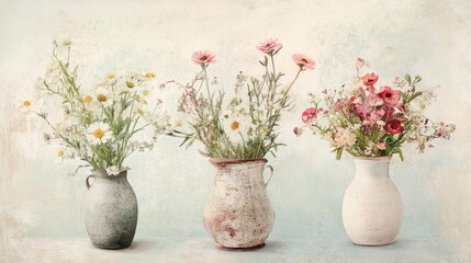 Three rustic vases with wildflowers in pastel tones against a textured background.