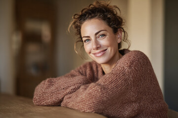 Woman smiles warmly in sweater. Lifestyle, cozy, interior. Perfect for marketing, web, print use.