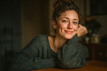 Smiling woman rests head on hand indoors. Warm, natural light. Portrait for blogs, lifestyle, and design.