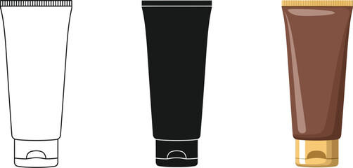 Three cosmetic tubes showcase diverse styles, including a line drawing, a solid black silhouette, and a brown tube with a golden cap, ideal for beauty and skincare product mockups.