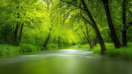Obraz premium Serene Green River Flowing Through Lush Forest