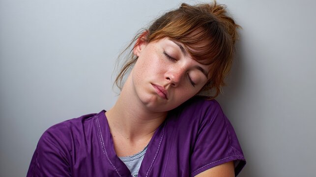 Tired healthcare worker sleeping against a wall, exhausted after a long shift. She wears a purple top and has auburn hair. Taking a well-deserved break.