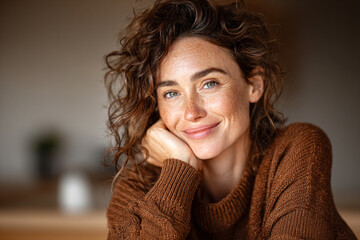 Woman smiles in brown sweater, close-up. Warm, cozy, natural. Use for wellness, lifestyle, beauty, fashion, blog, website.