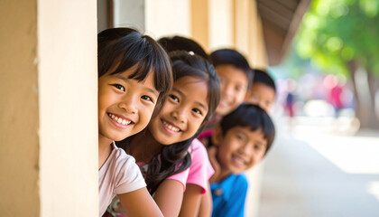 a group of children peering curiously around the corner of a wall with space for text