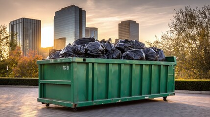Full trash container overflowing with black bags set against an urban skyline at dusk. Waste management in the city, ready for disposal.