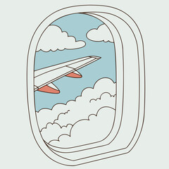 Airplane wing and clouds seen through an airplane window during flight with a light blue sky above