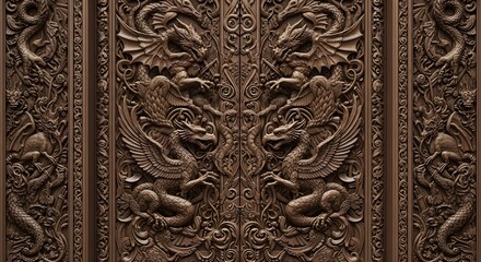 Wooden Door Carving with Mythical Creatures Beauty
