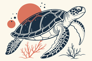 Fototapeta premium Sea turtle swimming with coral and circles marine life