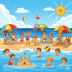 Kids build sandcastles, swim, and relax under colorful umbrellas. Sunny weather with a joyful, family-friendly beach scene.
