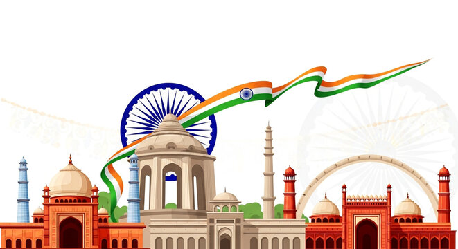 Indian Independence Day Illustration with Monuments and Flag on White Background