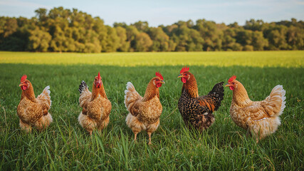 Fototapeta premium Five hens standing in green pasture on a sunny day