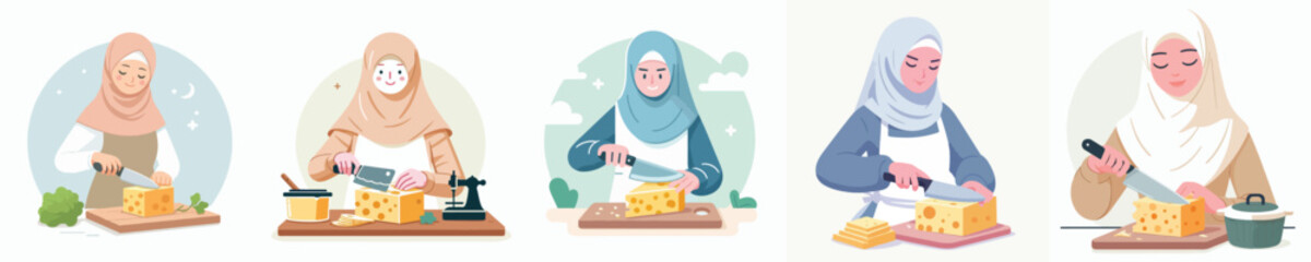 vector of hijab woman slicing cheese