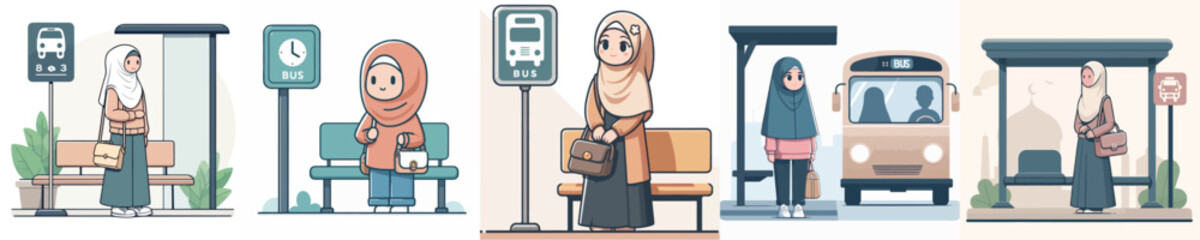 vector of hijab woman waiting at bus stop