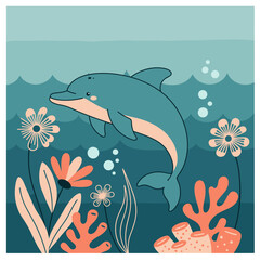 Dolphin swimming among colorful coral and flowers in the ocean  
