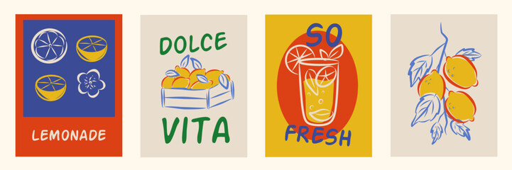 Lemon, limoncello and lemon slices in mediterranean frames set. Vector elegant colorful doodle illustration of lemons, label for poster, invitation, placard. Italian style vacation vector illustration