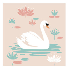 Elegant swan swimming in serene water surrounded by flowers  