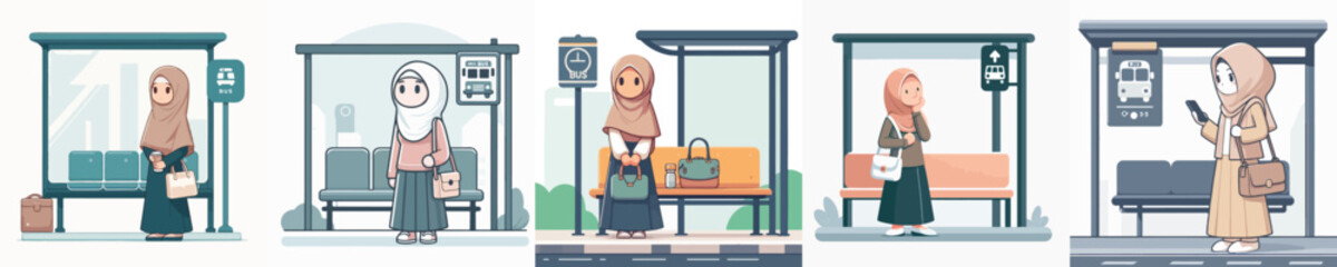 vector of hijab woman waiting at bus stop