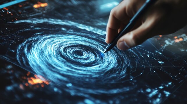 Hand drawing swirling blue digital vortex on tablet screen.