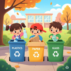 Three children sort recyclables into colorful bins labeled for plastics, paper, and glass outside a cheerful school building.