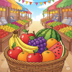 A basket of fresh fruits including bananas, apples, oranges, grapes, and watermelon sits in a colorful open-air market.
