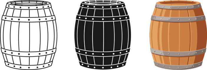 Three barrel illustrations showcase a wooden container in different styles, including a line drawing, a solid black silhouette, and a full-color rendering, perfect for design projects.
