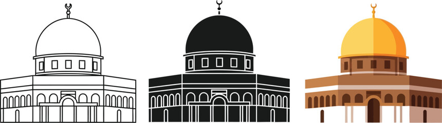 Dome of the Rock is showcased in three distinct styles, from a simple line drawing to a solid black silhouette and a vibrant, colorful illustration of this iconic landmark.