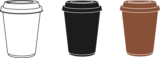 Three coffee cups in different styles, a line drawing, a solid black fill, and a brown fill, showcase a range of design options for coffee branding and marketing materials.