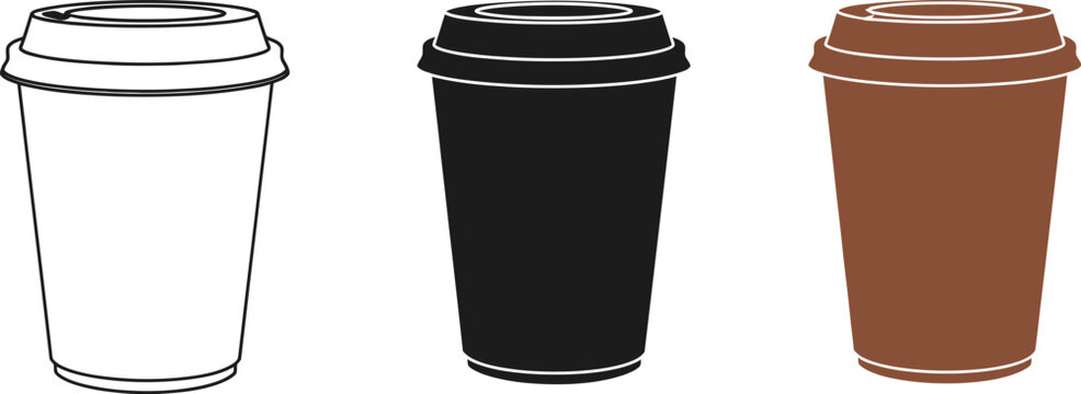Three coffee cups in different styles, a line drawing, a solid black fill, and a brown fill, showcase a range of design options for coffee branding and marketing materials.