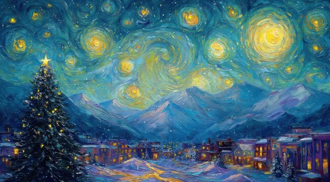 winter wonderland: christmas tree and snowy landscape with village - festive impressionist painting and art card illustration	
