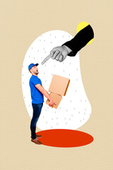 Exclusive artwork banner creative collage of boss hand point employee courier guy hold box parcel...
