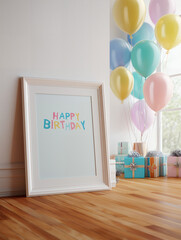 Happy Birthday Poster With Pastel Balloons Indoors