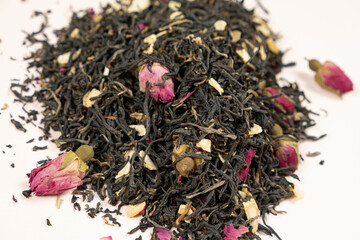 Dried Black Tea Leaves with Ginseng and Tea Rose Close-Up.
