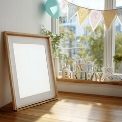 Happy Birthday Poster With Pastel Balloons Indoors