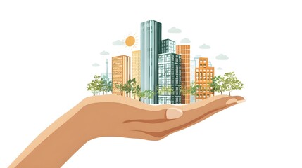 Cartoon infographic of city growth hovering above open palm