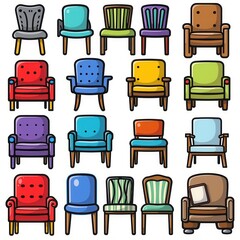 a collection of chairs, flat shading style, arranged in a 3x3 grid on a white background