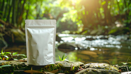 Blank White Stand Up Pouch by Stream in Lush Green Forest