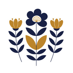 Floral illustration featuring three stylized flowers in navy and gold  