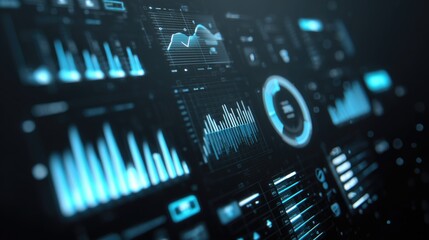 Futuristic tech interface with blue data visualization, charts, waveforms, and HUD elements for big data, AI, and digital analytics — Ideal as wallpaper or poster for science, innovation