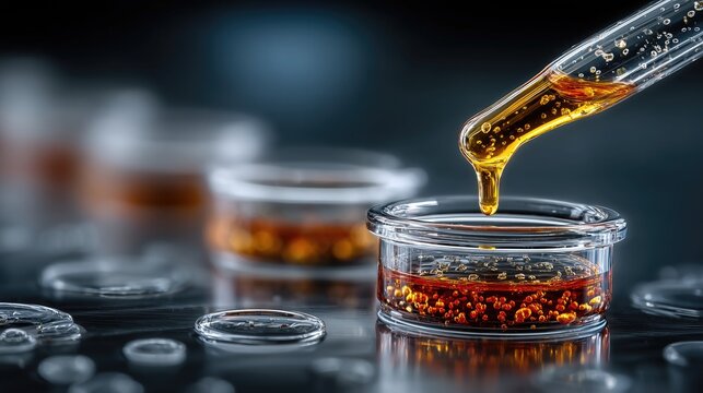 Lab dropper dispensing amber liquid into glass container, with scientific experiment setup and lab - related glassware on dark background — Ideal as wallpaper or poster for chemistry, research