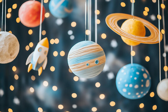 Generative AI image of a smiling child in astronaut costume at a space themed children party with colorful planet decorations - Powered by Adobe