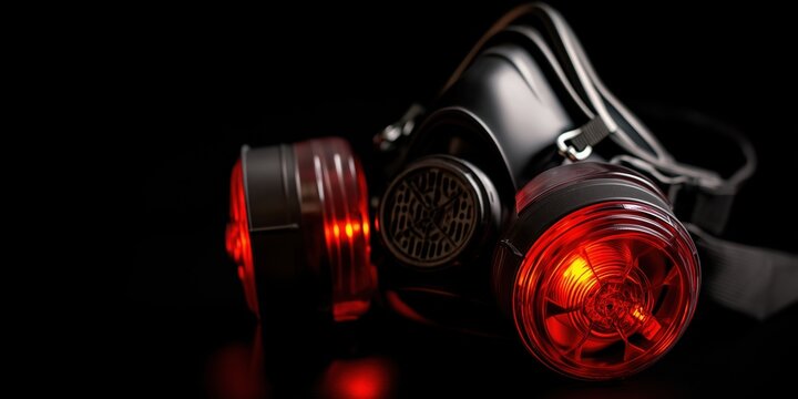 Detailed cybernetic gas mask with glowing red light captured in a depth of field photograph highlighting its futuristic design - Powered by Adobe