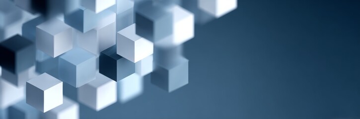 Obraz premium A modern background featuring light gray and white cubes in the lower left corner with a dark blue to gray gradient